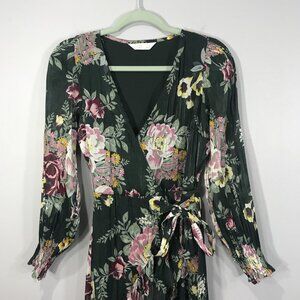 LC Lauren Conrad Dress Women Small Green Floral Wrap Maxi V-Neck Sheer Lined LS